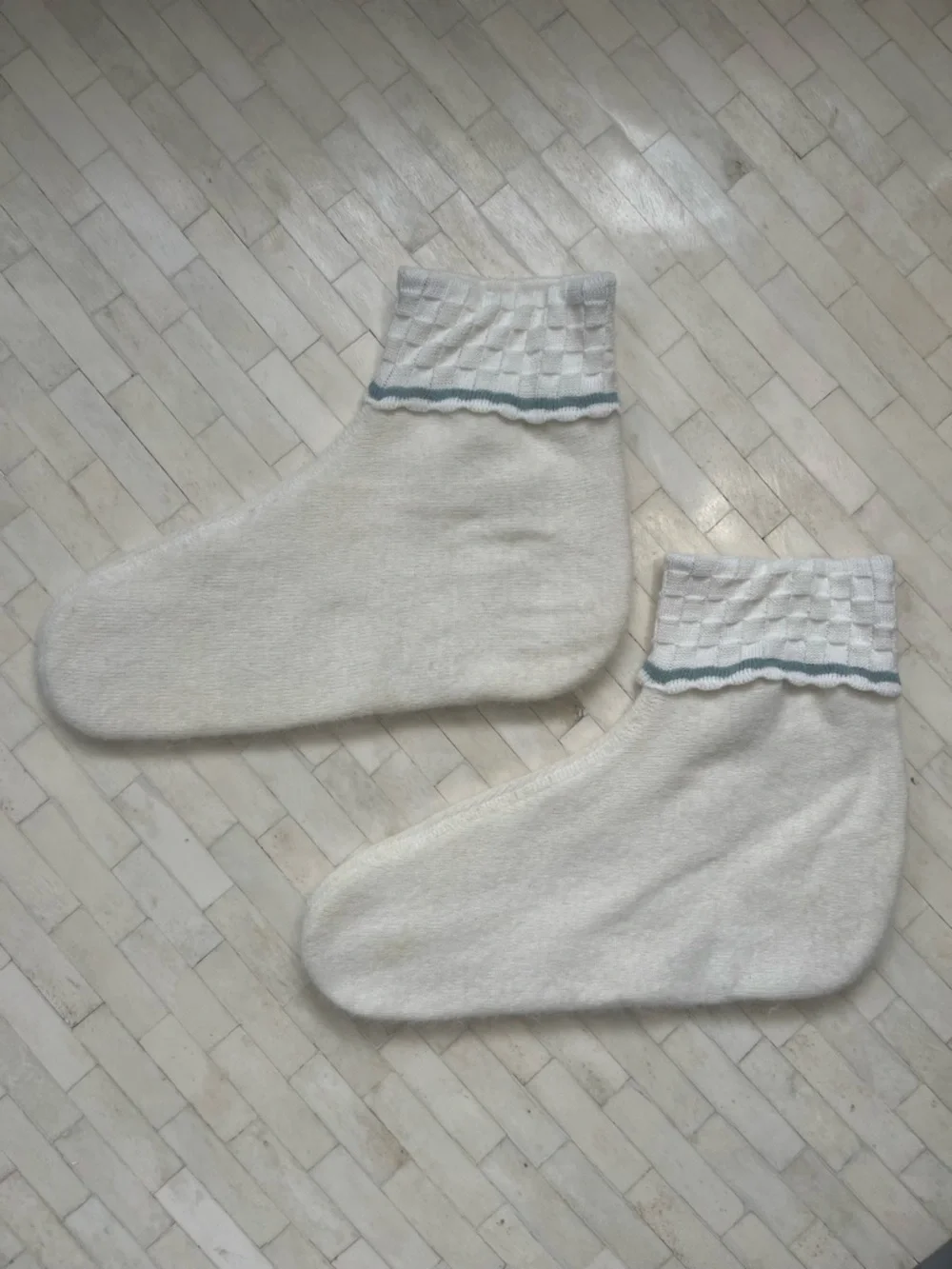 Angora Wool Blend House or Boot Socks with Blue Trim size Large